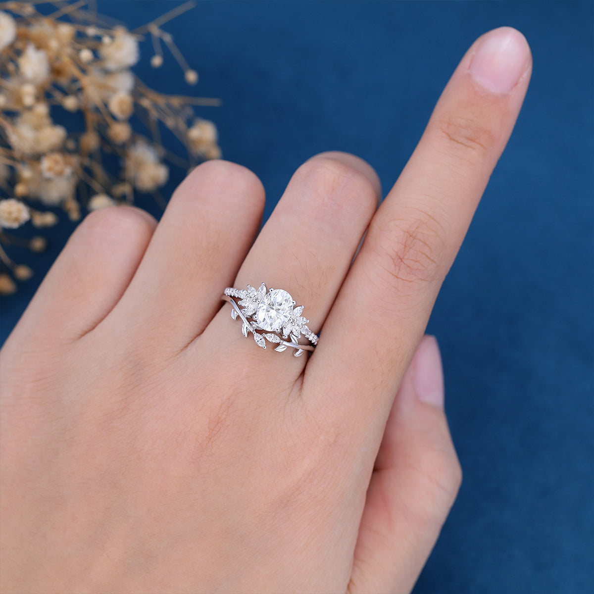 1.33 CT Oval Shaped Moissanite Cluster Bridal Set