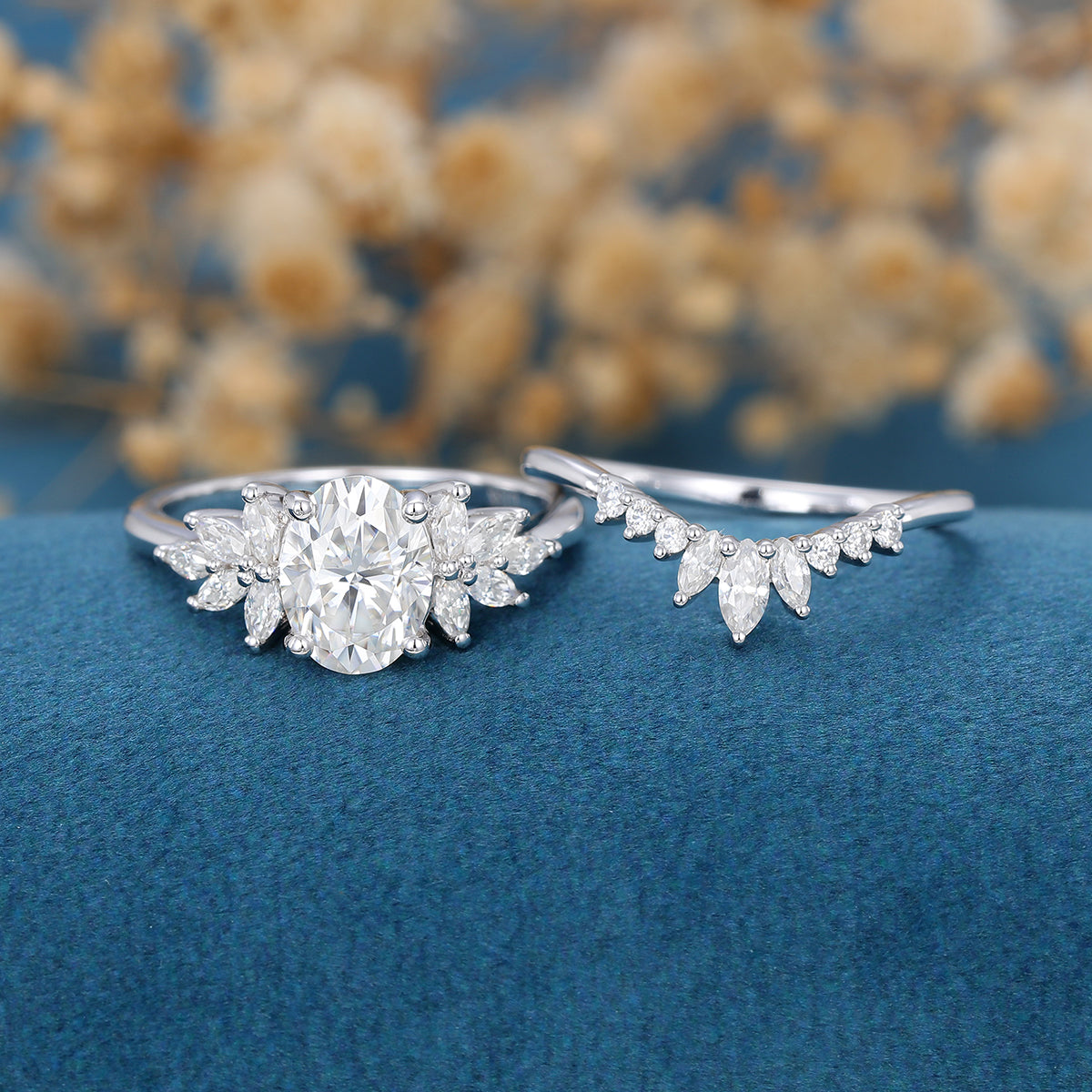 1.33 CT Oval Shaped Moissanite Cluster Bridal Set