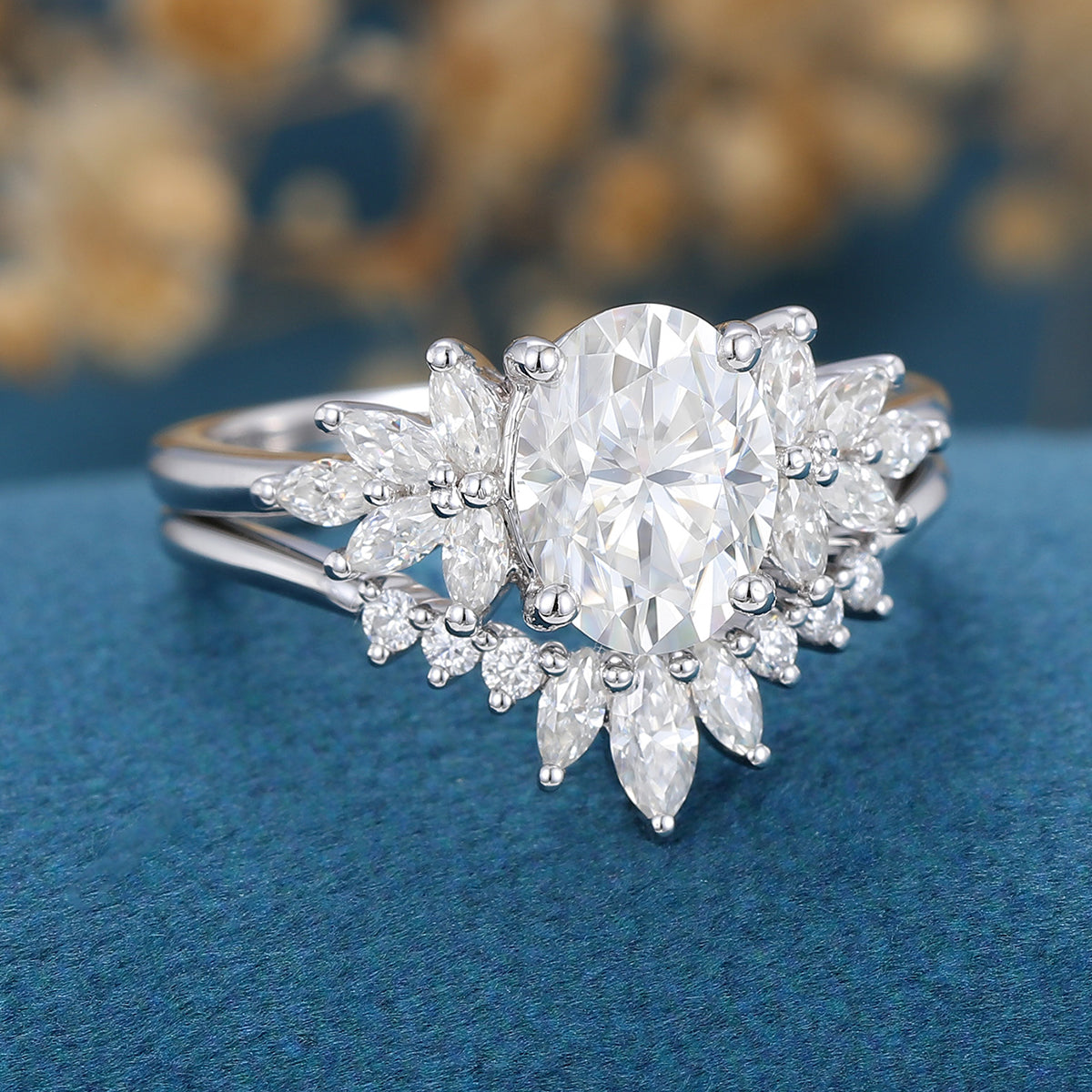 1.33 CT Oval Shaped Moissanite Cluster Bridal Set