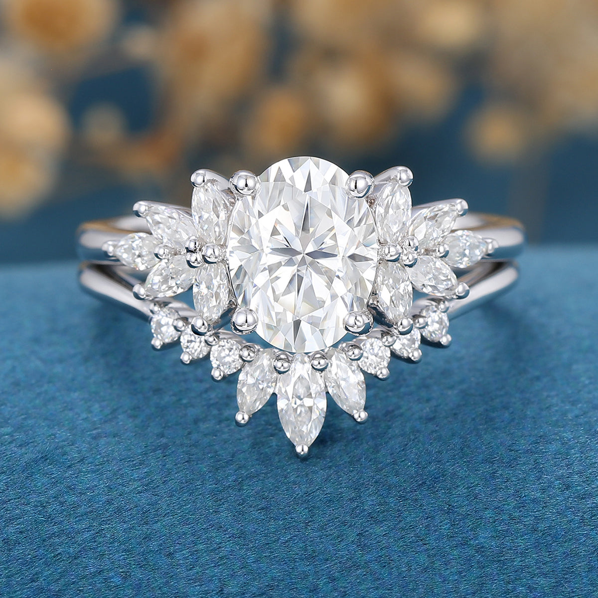 1.33 CT Oval Shaped Moissanite Cluster Bridal Set