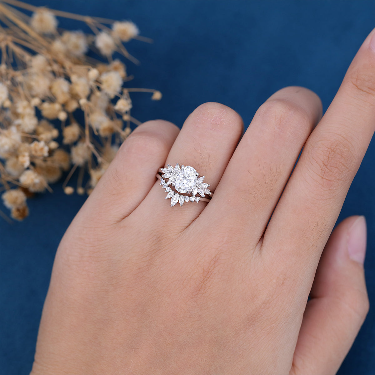 1.33 CT Oval Shaped Moissanite Cluster Bridal Set