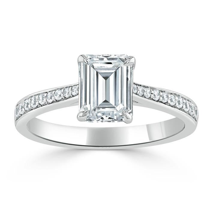 1.0 CT Emerald Cut Solitaire Channel Pave Moissanite Engagement Ring