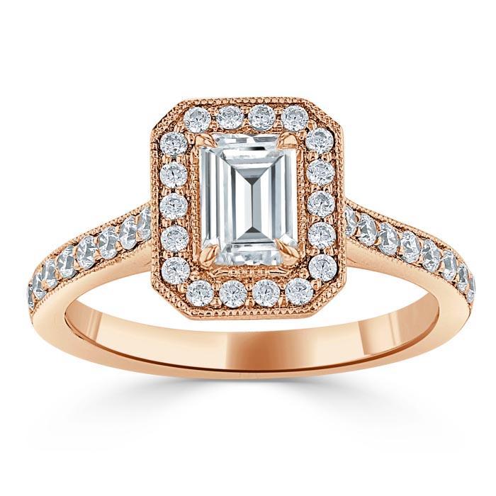 1.0 CT Emerald Cut Halo Moissanite Engagement Ring With Pave Setting