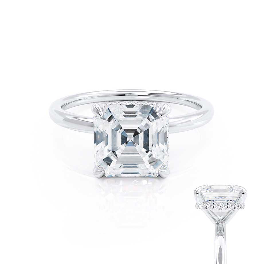 0.95 CT Asscher Shaped Moissanite Hidden Halo Style Engagement Ring