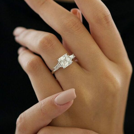 2.03 CT Asscher Cut Three Stone Moissanite Engagement Ring