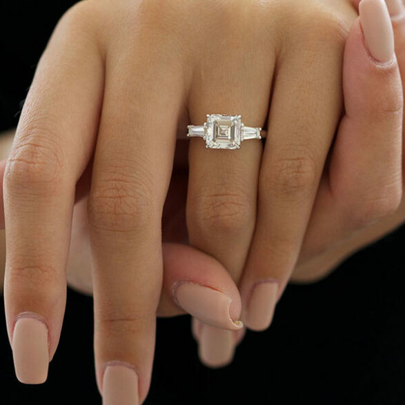 2.03 CT Asscher Cut Three Stone Moissanite Engagement Ring