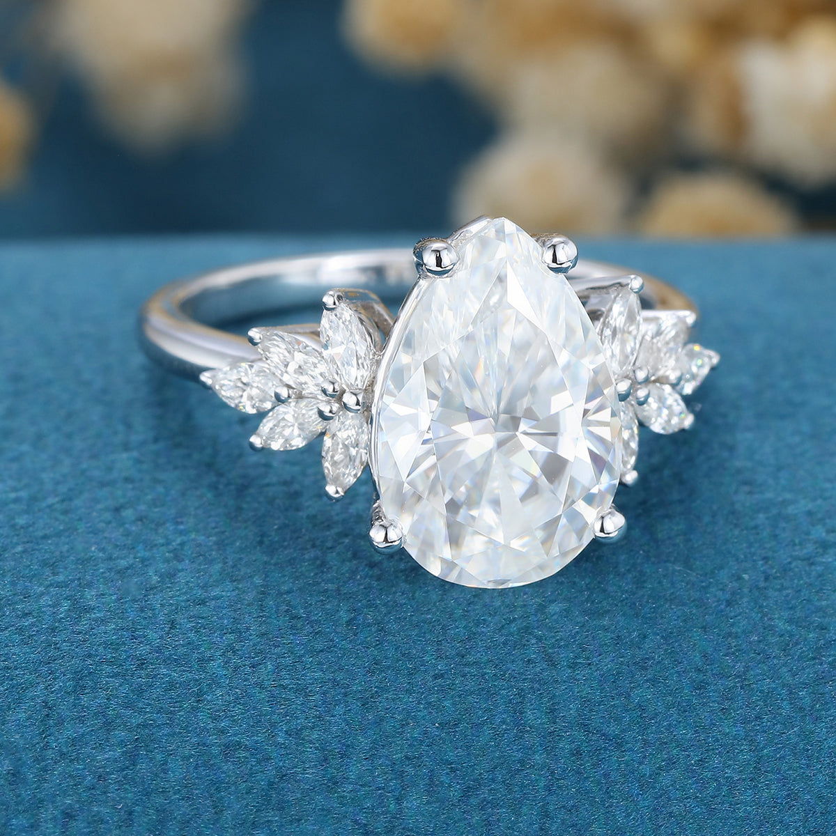 3.09 CT Pear Shaped Moissanite Cluster Engagement Ring
