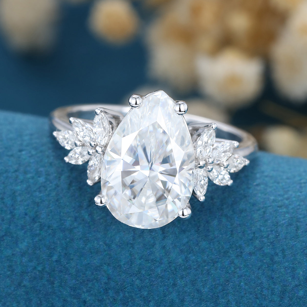 3.09 CT Pear Shaped Moissanite Cluster Engagement Ring