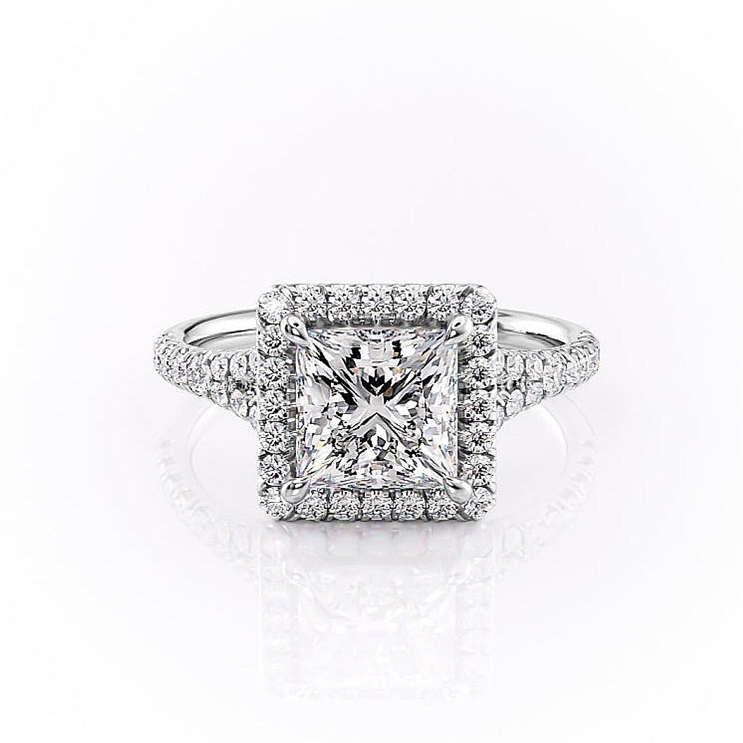 2.08 CT Princess Cut Halo Split Shank Setting Moissanite Engagement Ring