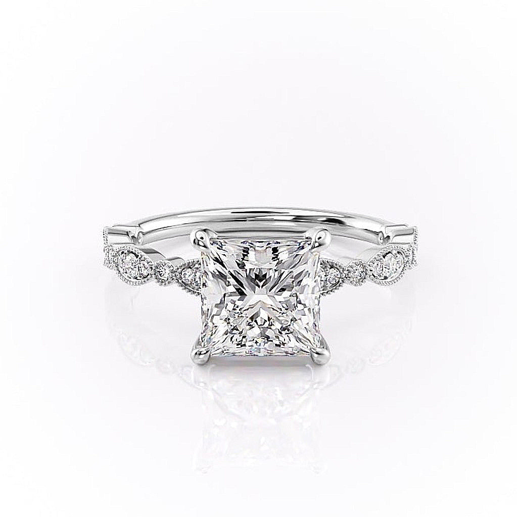 2.08 CT Princess Solitaire Milgrain Pave Moissanite Engagement Ring