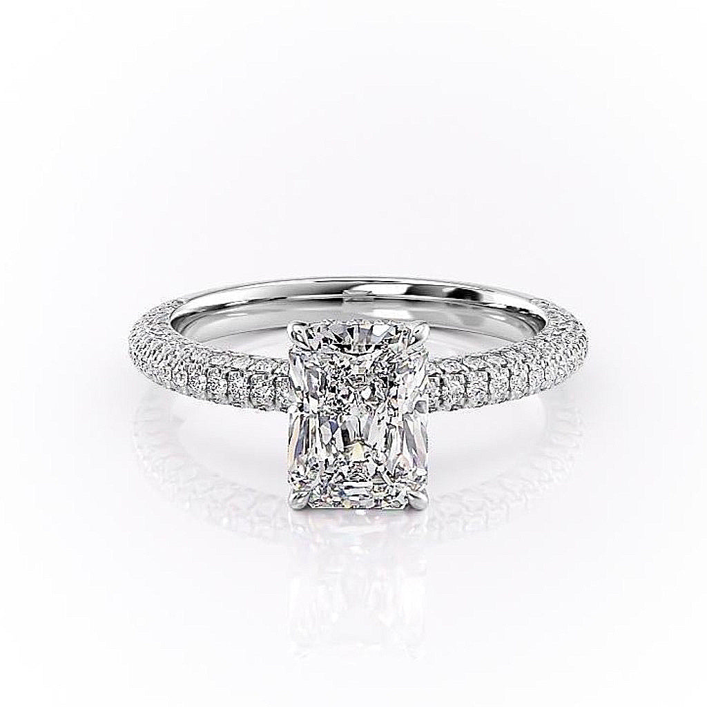 2.1 CT Radiant Cut Hidden Halo Triple Pave Moissanite Engagement Ring