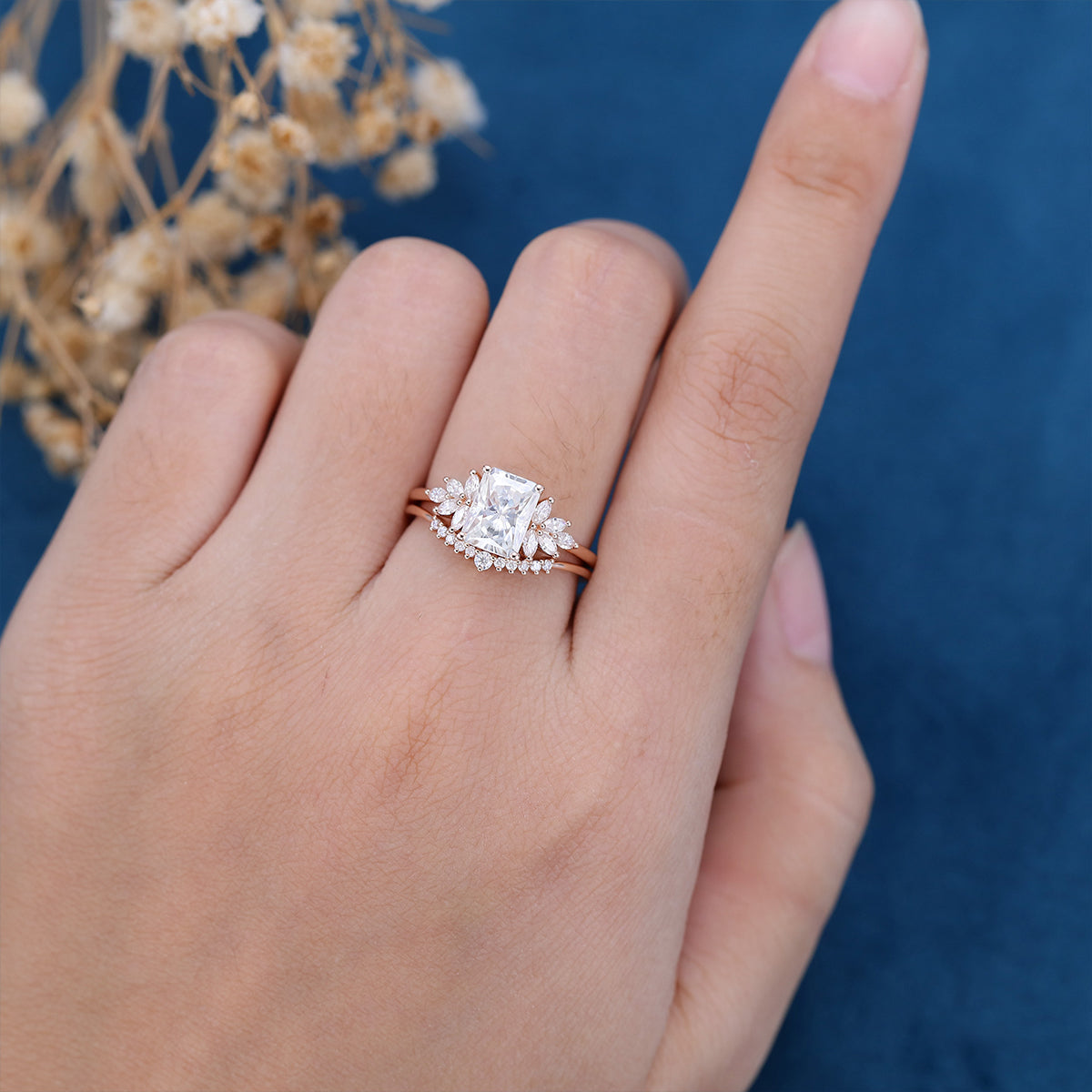 2.43 CT Radiant Shaped Moissanite Cluster Bridal Set