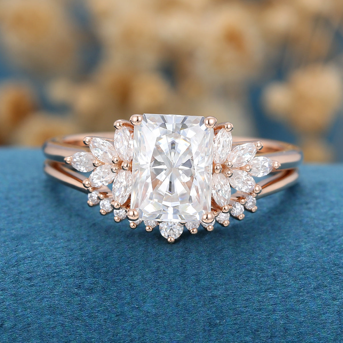 2.43 CT Radiant Shaped Moissanite Cluster Bridal Set