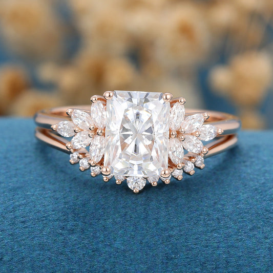 2.43 CT Radiant Shaped Moissanite Cluster Bridal Set