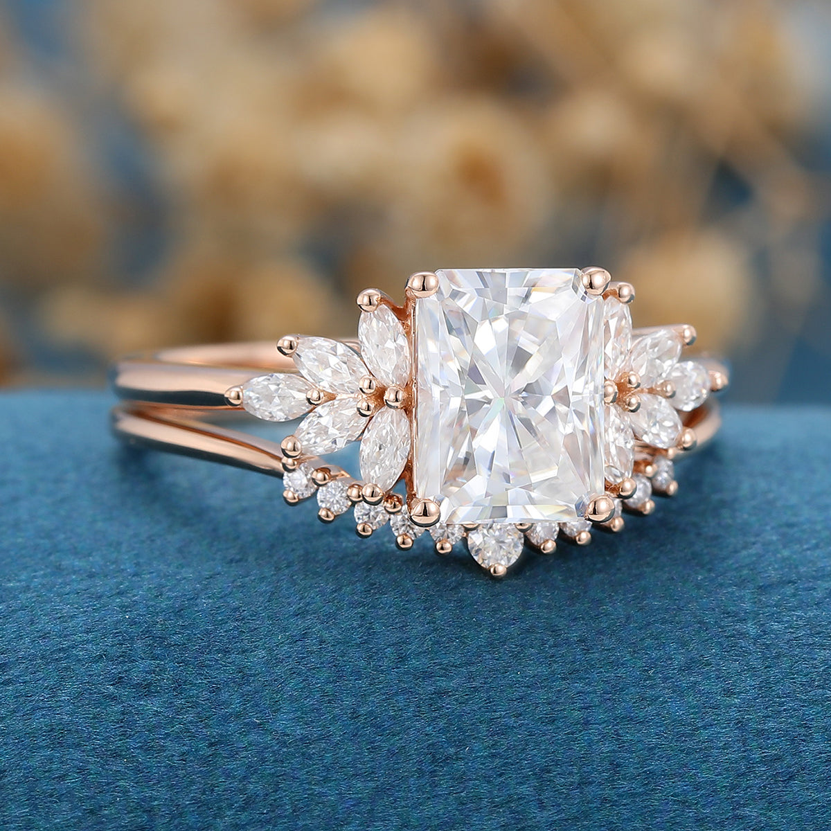 2.43 CT Radiant Shaped Moissanite Cluster Bridal Set