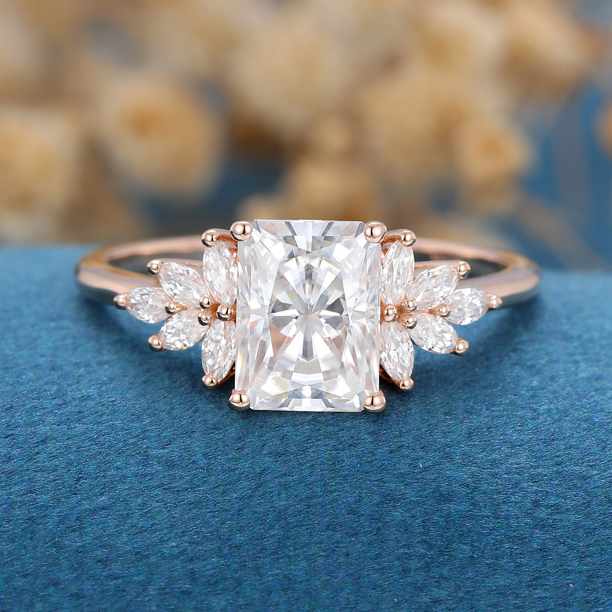 2.43 CT Radiant Shaped Moissanite Cluster Engagement Ring