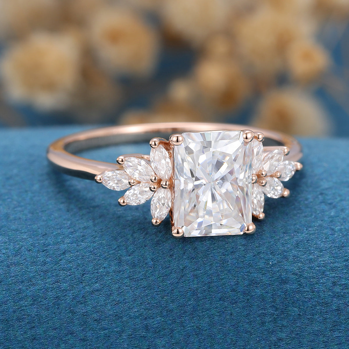 2.43 CT Radiant Shaped Moissanite Cluster Engagement Ring