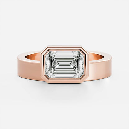 East-West Emerald: Chunky Bezel Solitarie Lab Grown Diamond