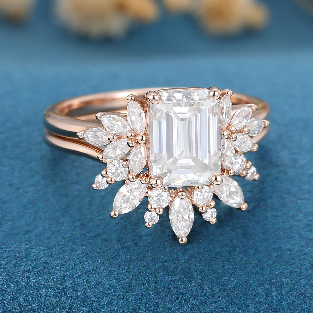 1.60 CT Emerald Shaped Moissanite Cluster Bridal Set