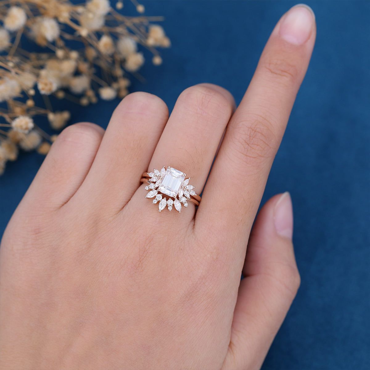 1.60 CT Emerald Shaped Moissanite Cluster Bridal Set