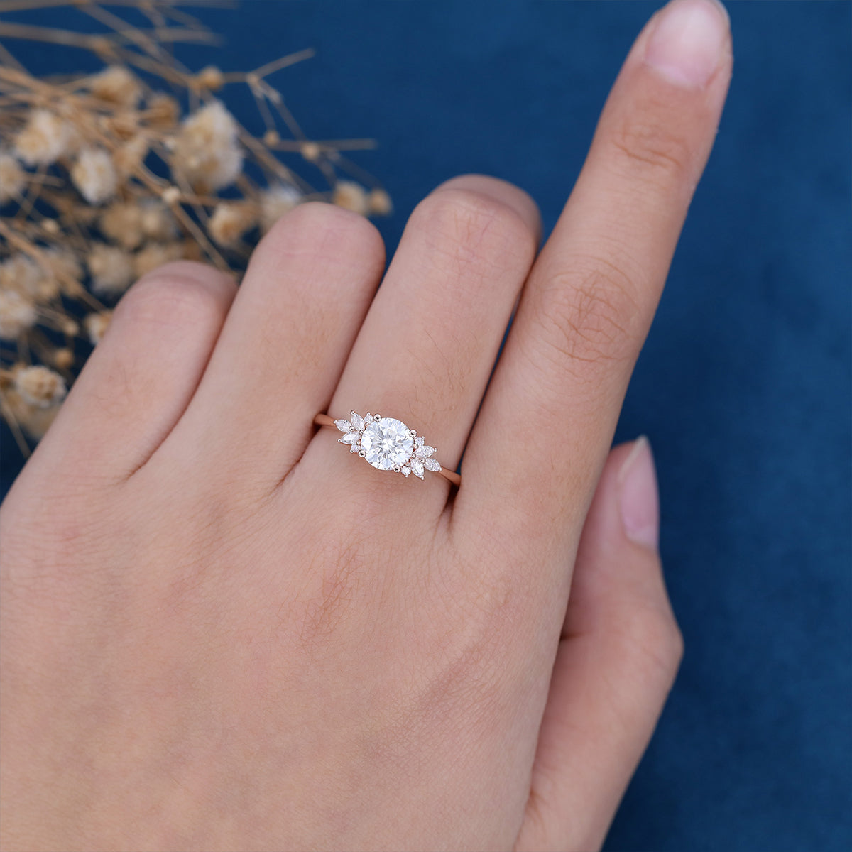 1.21 CT Round Shaped Moissanite Cluster Engagement Ring