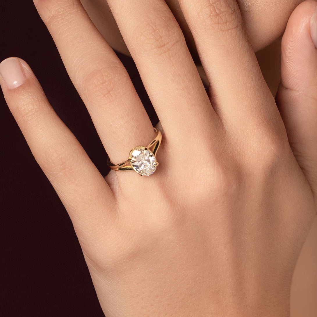 2.5 CT Oval: Pronged Bezel Split Shank Lab Grown Diamond Engagement Ring