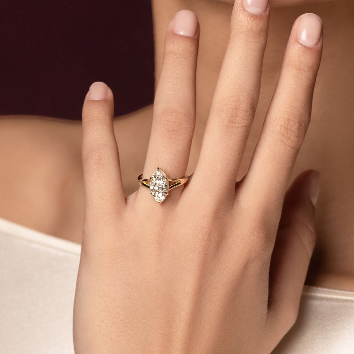 2.5 CT Marquise: Pronged Bezel Split Shank Lab Grown Diamond Engagement Ring