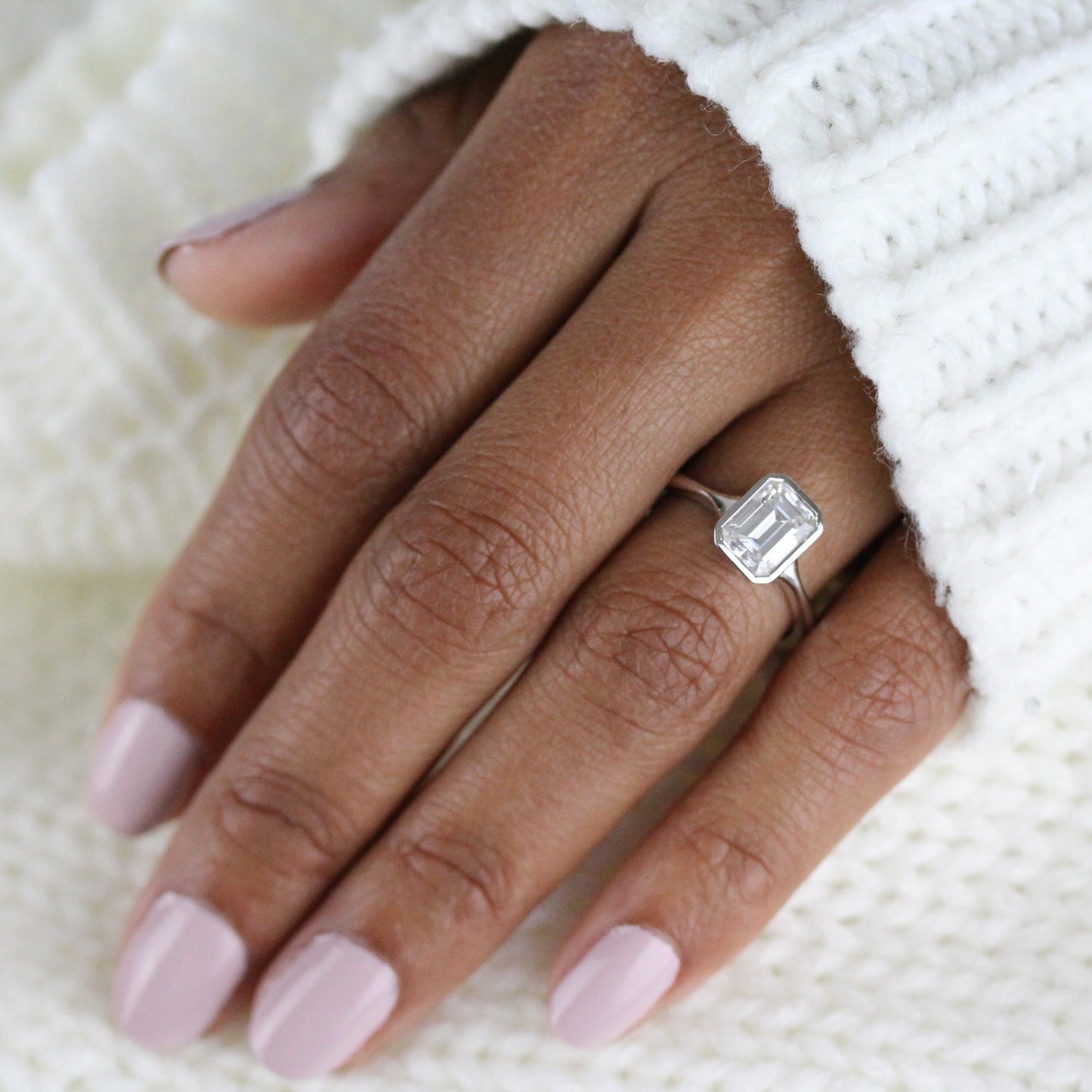 1.55 CT Emerald Cut Bezel Solitaire Moissanite Engagement Ring