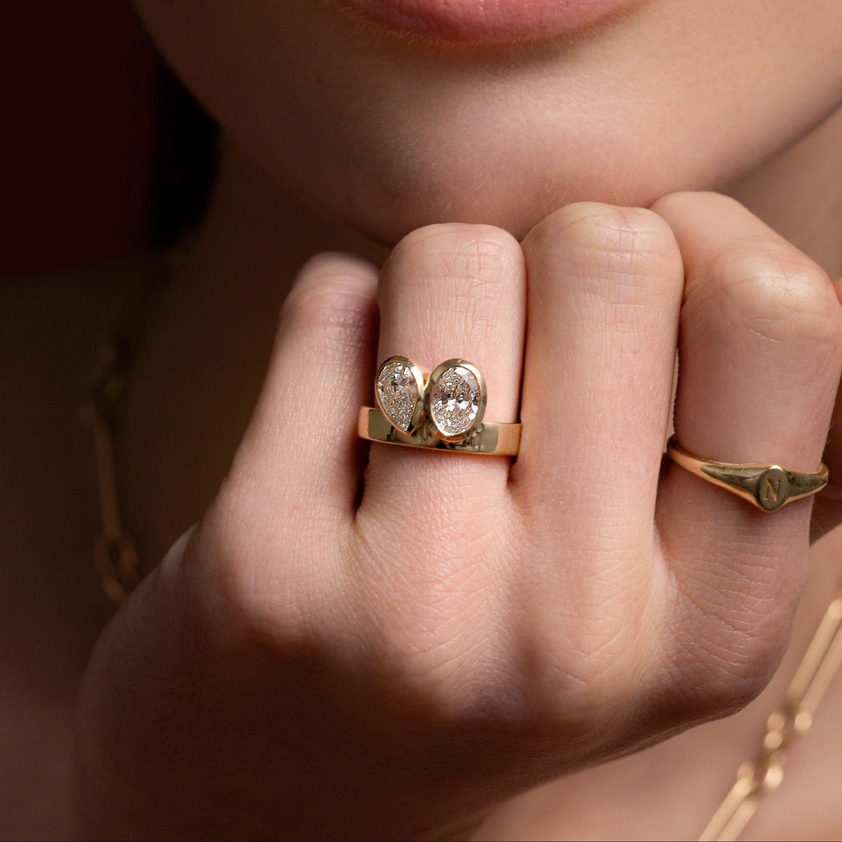 3 CT Oval & Pear: Chunky Toi Et Moi Bezel Lab Grown Diamond Engagement Ring