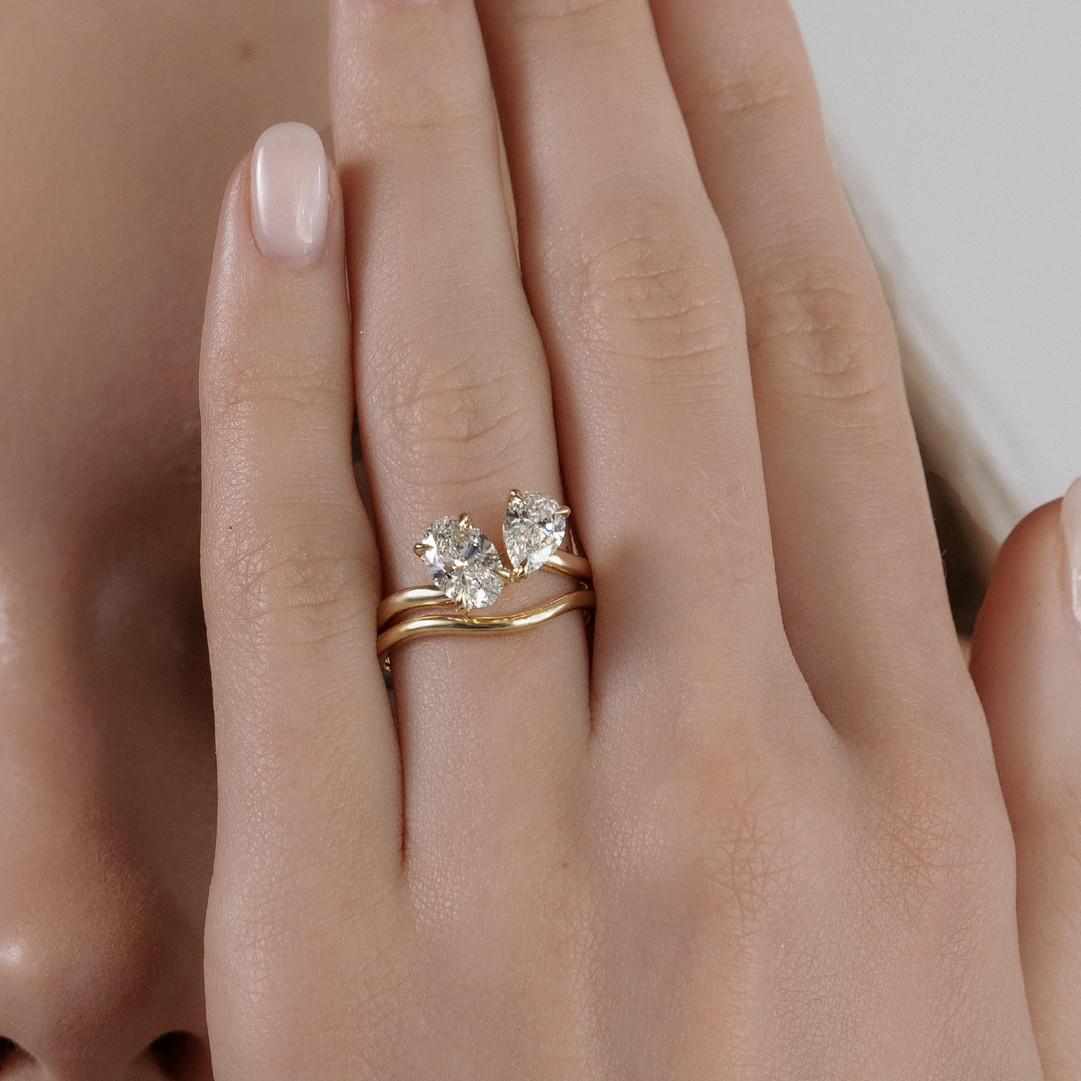 2 CT Pear & Oval: Curved Toi Et Moi Lab Grown Diamond Engagement Ring