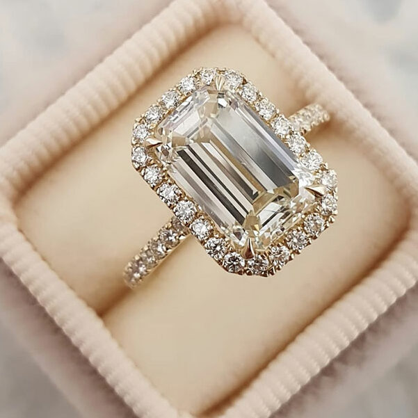 3.18 CT Emerald Cut Halo Style Moissanite Engagement Ring