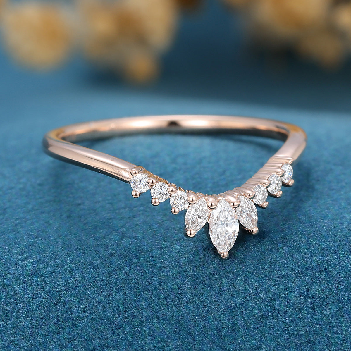 1.50 CT Round & Marquise Shaped Moissanite Curved Wedding Band