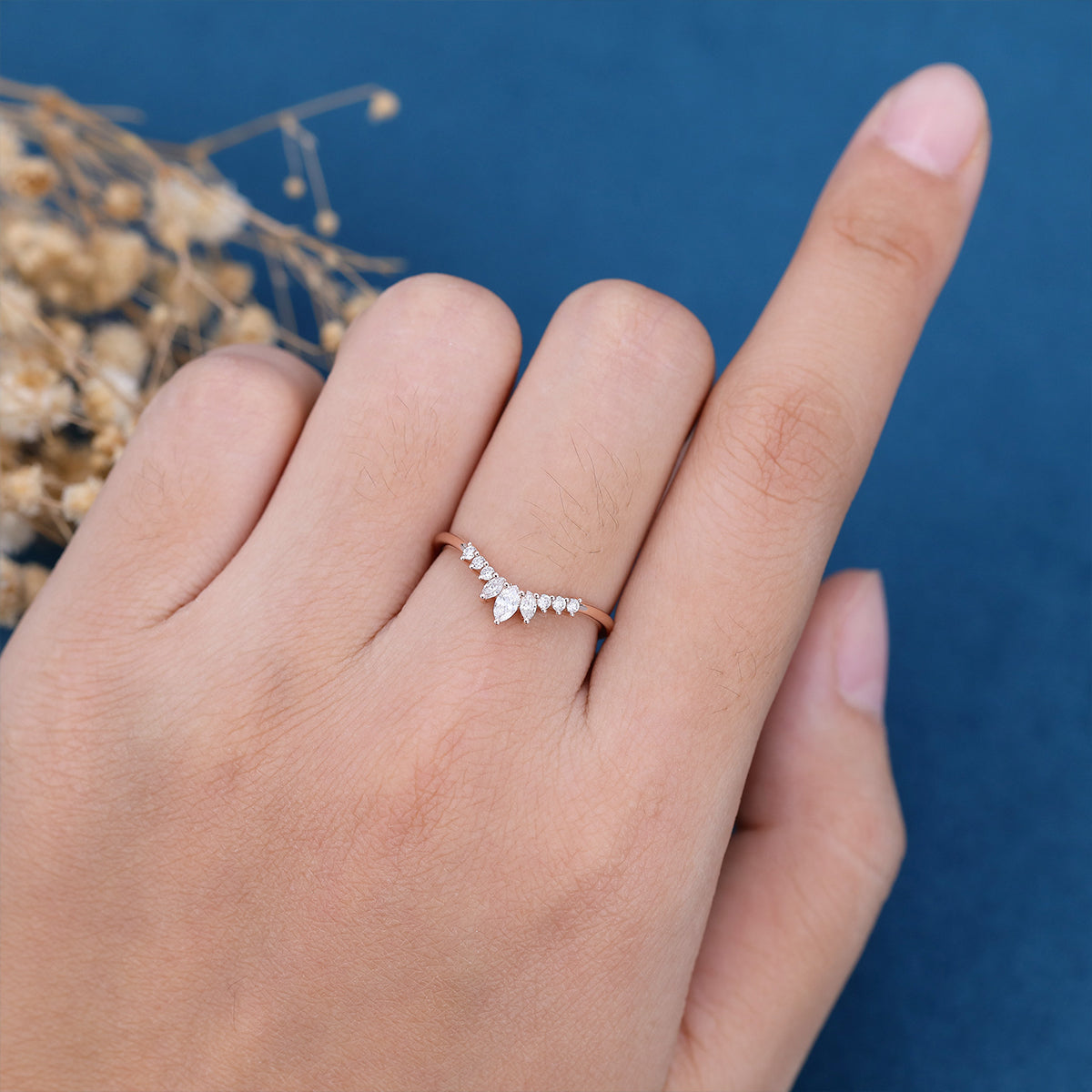 1.50 CT Round & Marquise Shaped Moissanite Curved Wedding Band