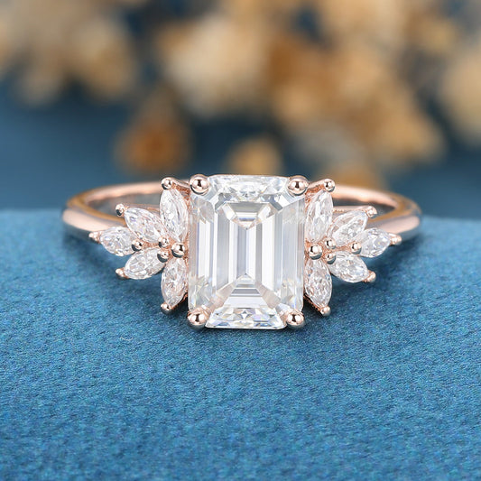 1.60 CT Emerald Shaped Moissanite Cluster Engagement Ring