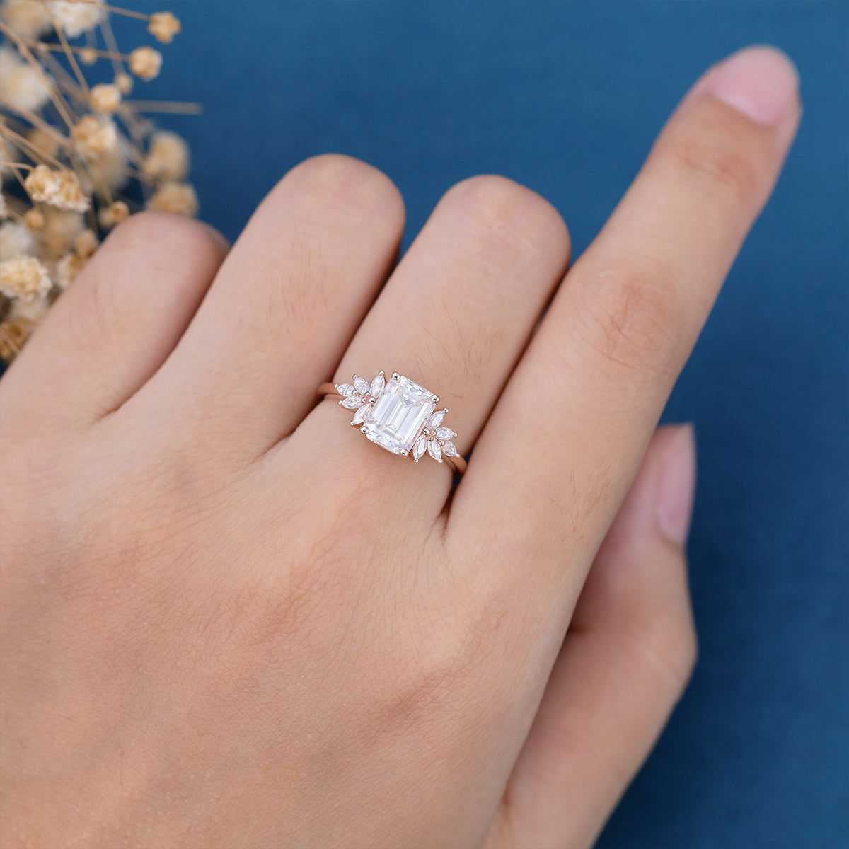 1.60 CT Emerald Shaped Moissanite Cluster Engagement Ring