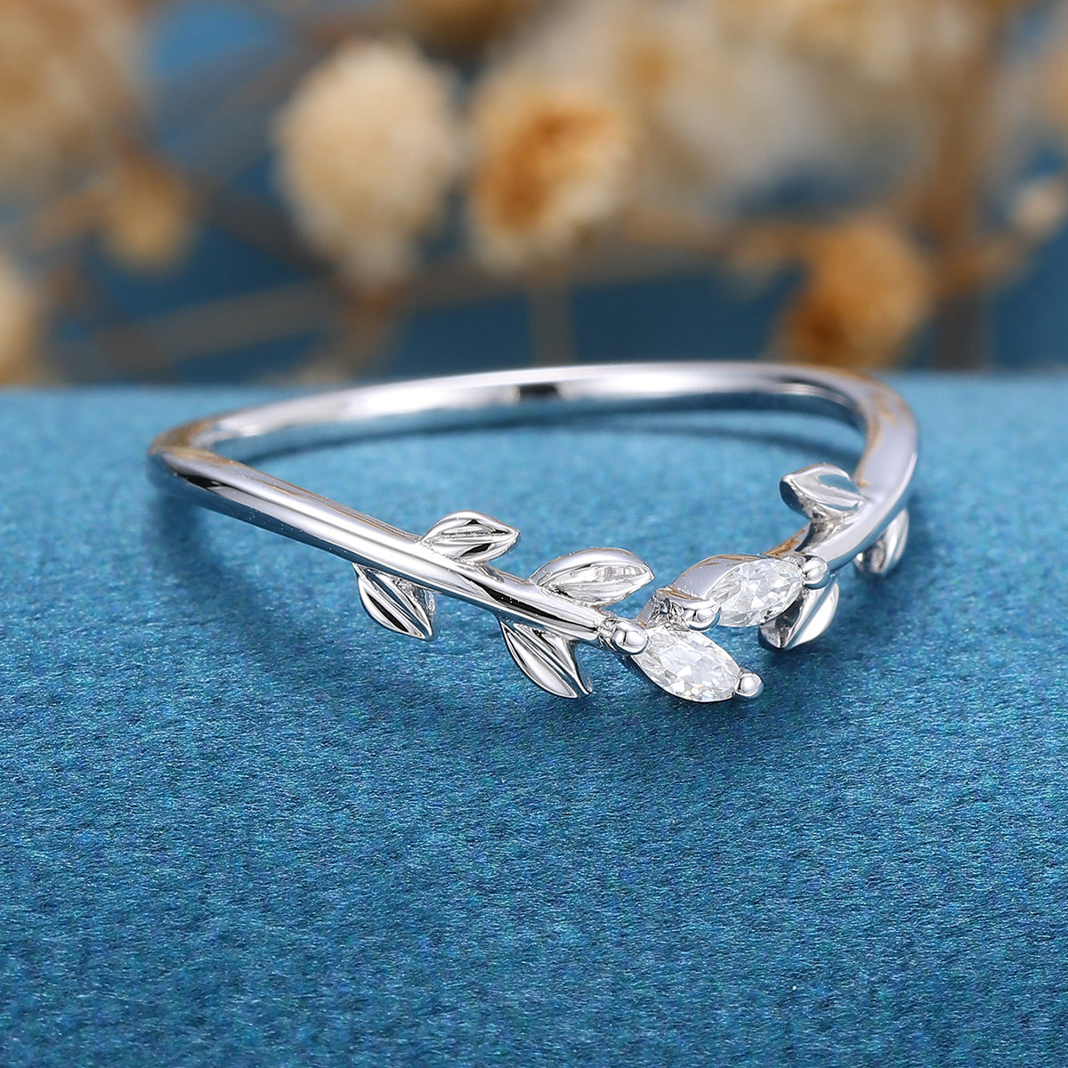 1.40 CT Marquise Shaped Moissanite Nature Inspired Wedding Band