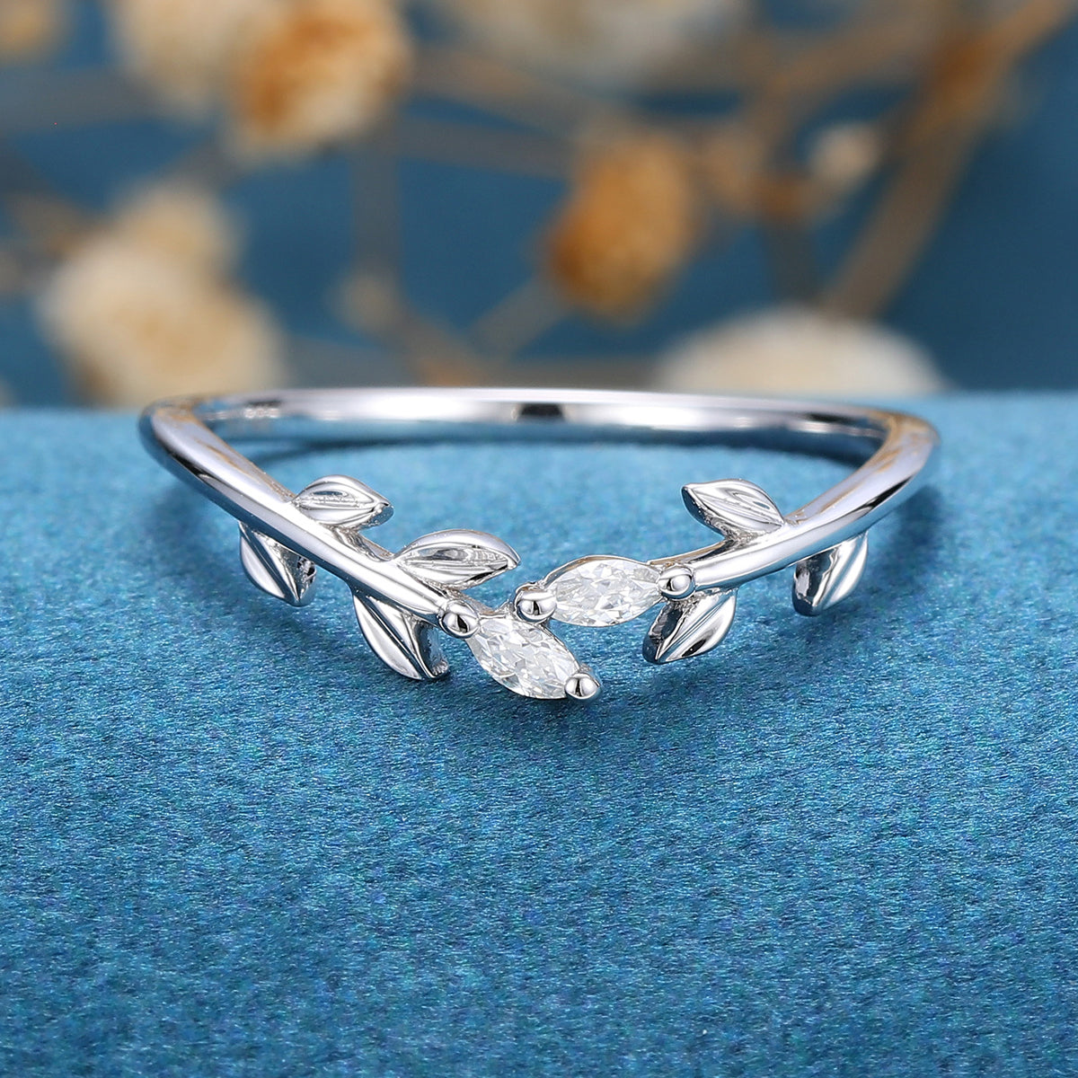 1.40 CT Marquise Shaped Moissanite Nature Inspired Wedding Band