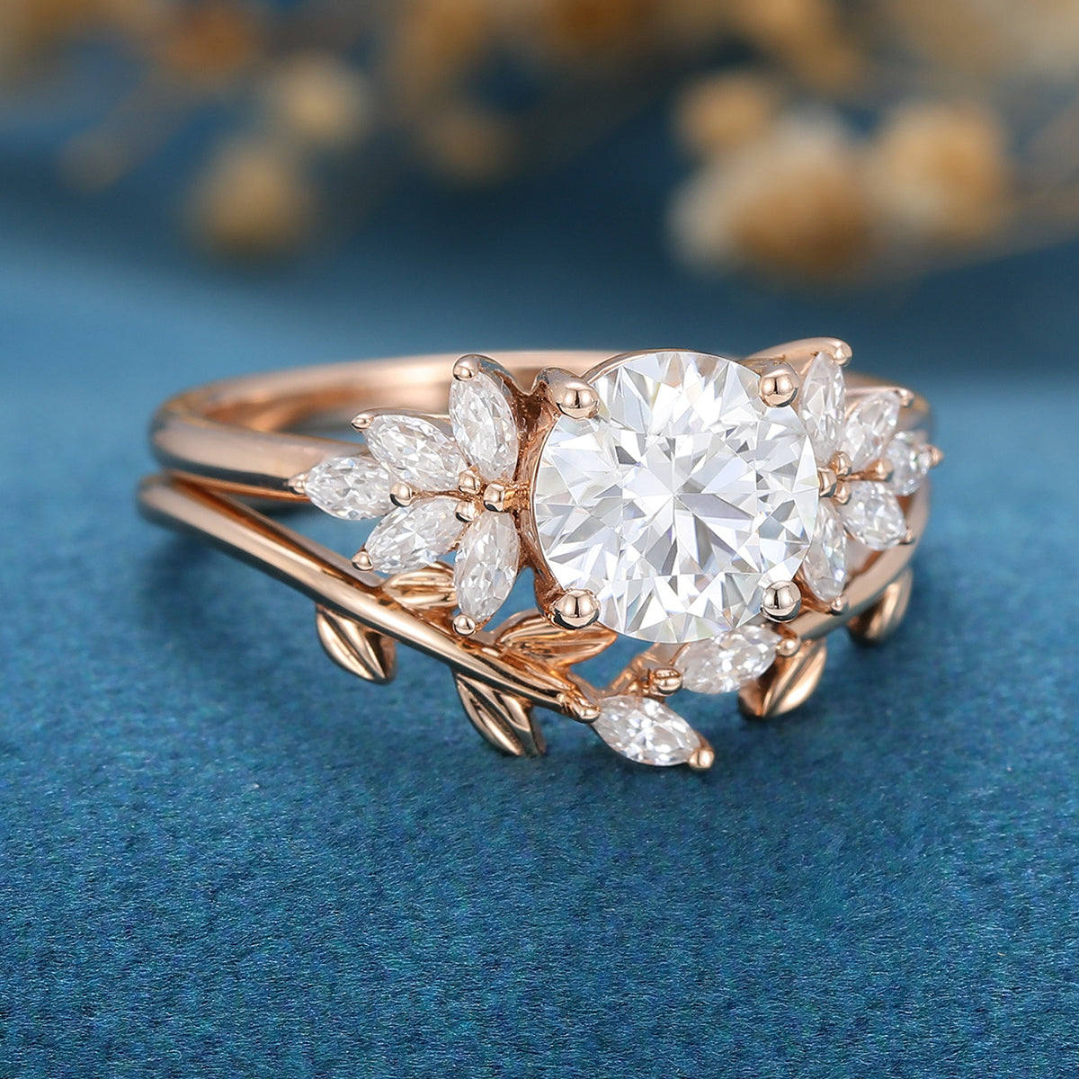 1.1 CT Round Shaped Moissanite Cluster Bridal Set