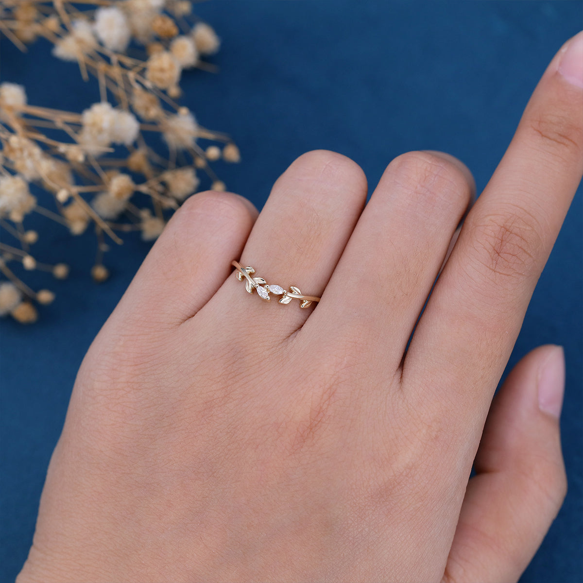 1.40 CT Marquise Shaped Moissanite Nature Inspired Wedding Band