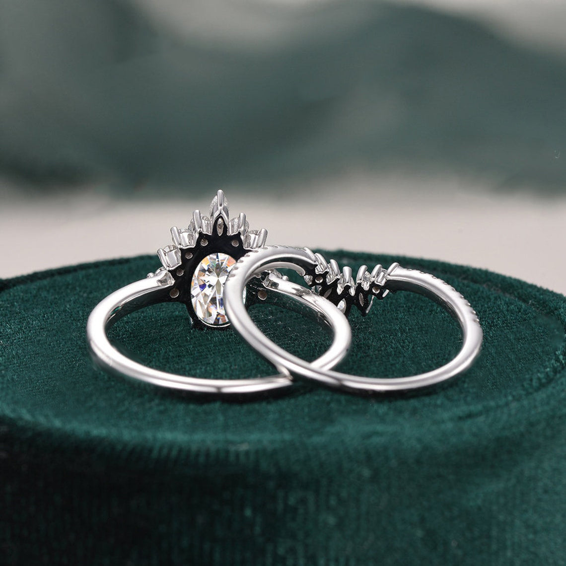 1.50 CT Oval Cut Cluster Art Deco Moissanite Bridal Ring Set