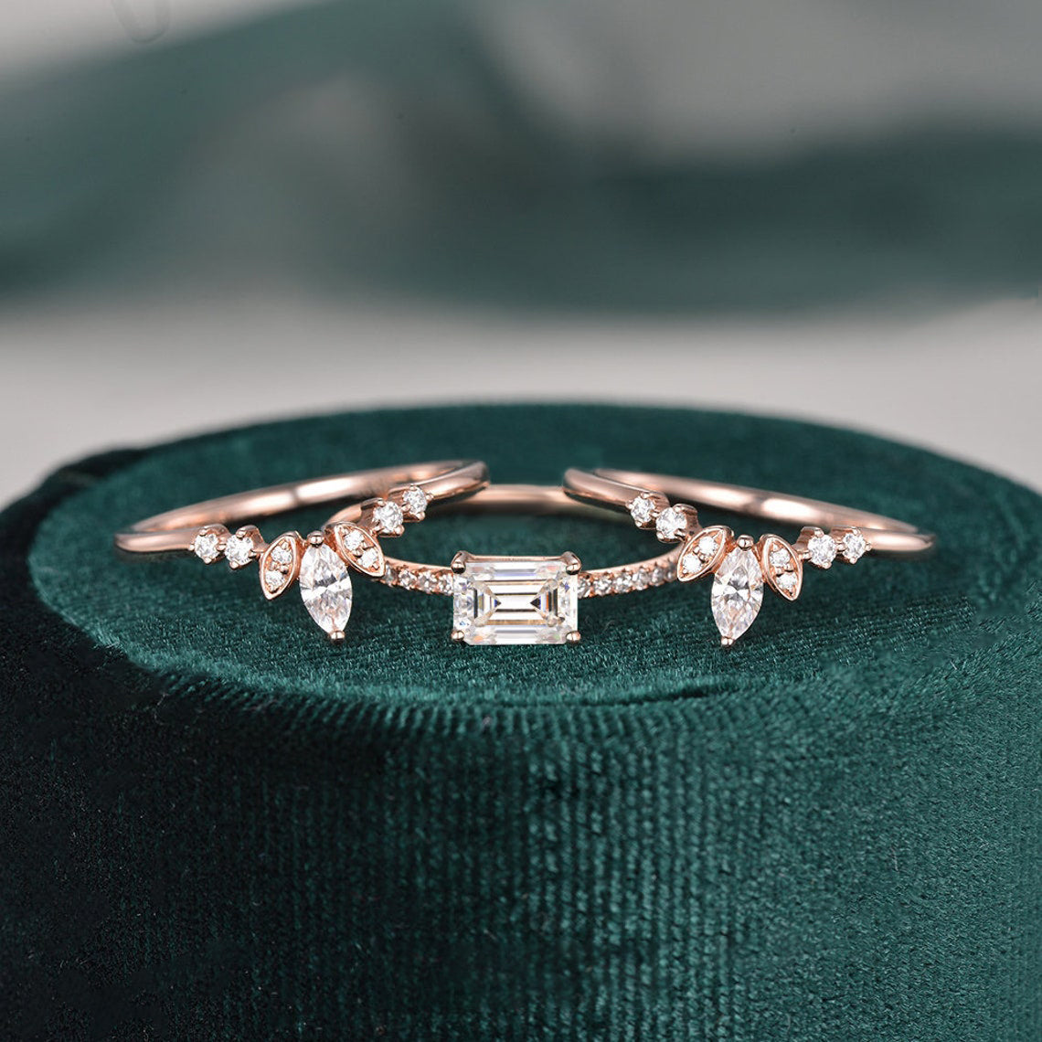 2.0 CT Emerald Cut Solitaire Pave Setting Moissanite Bridal Ring Set