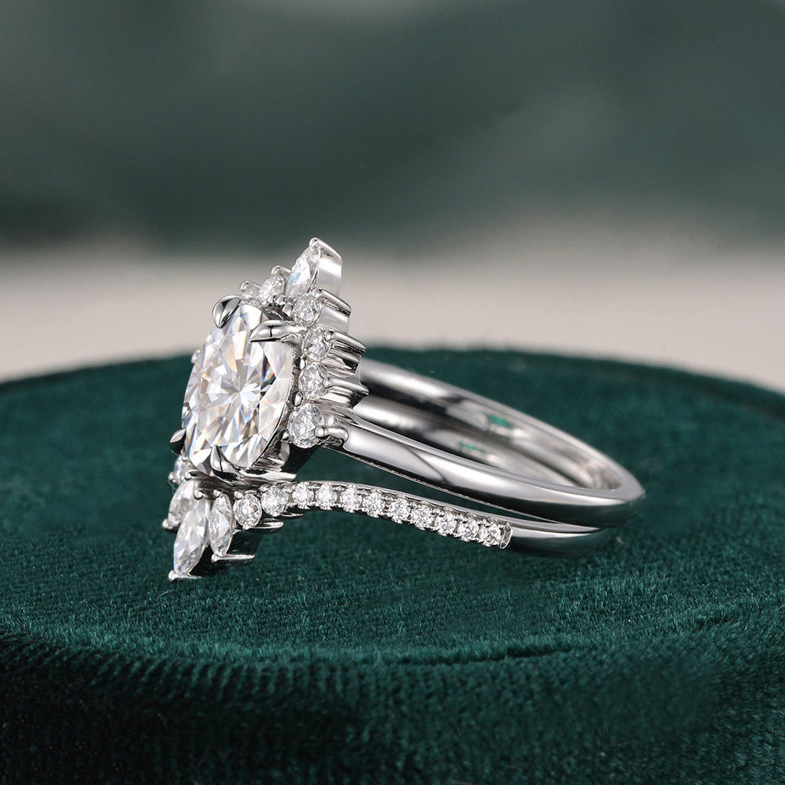 1.50 CT Oval Cut Cluster Art Deco Moissanite Bridal Ring Set