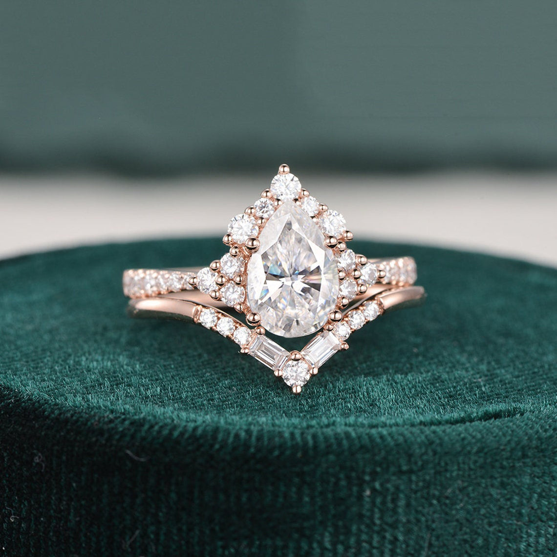 1.50 CT Pear Cut Cluster Art Deco Moissanite Bridal Ring Set