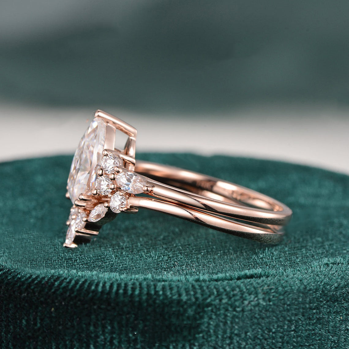 1.50 CT Pear Cut Cluster Moissanite Bridal Ring Set