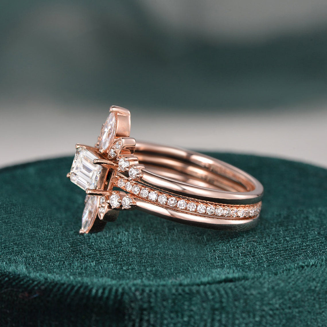 2.0 CT Emerald Cut Solitaire Pave Setting Moissanite Bridal Ring Set