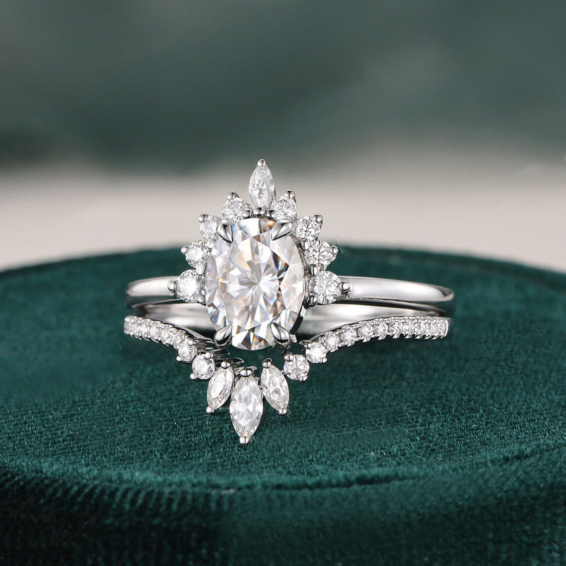 1.50 CT Oval Cut Cluster Art Deco Moissanite Bridal Ring Set