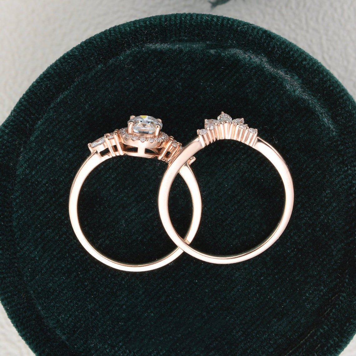 2.0 CT Oval Cut Cluster Halo Moissanite Bridal Ring Set