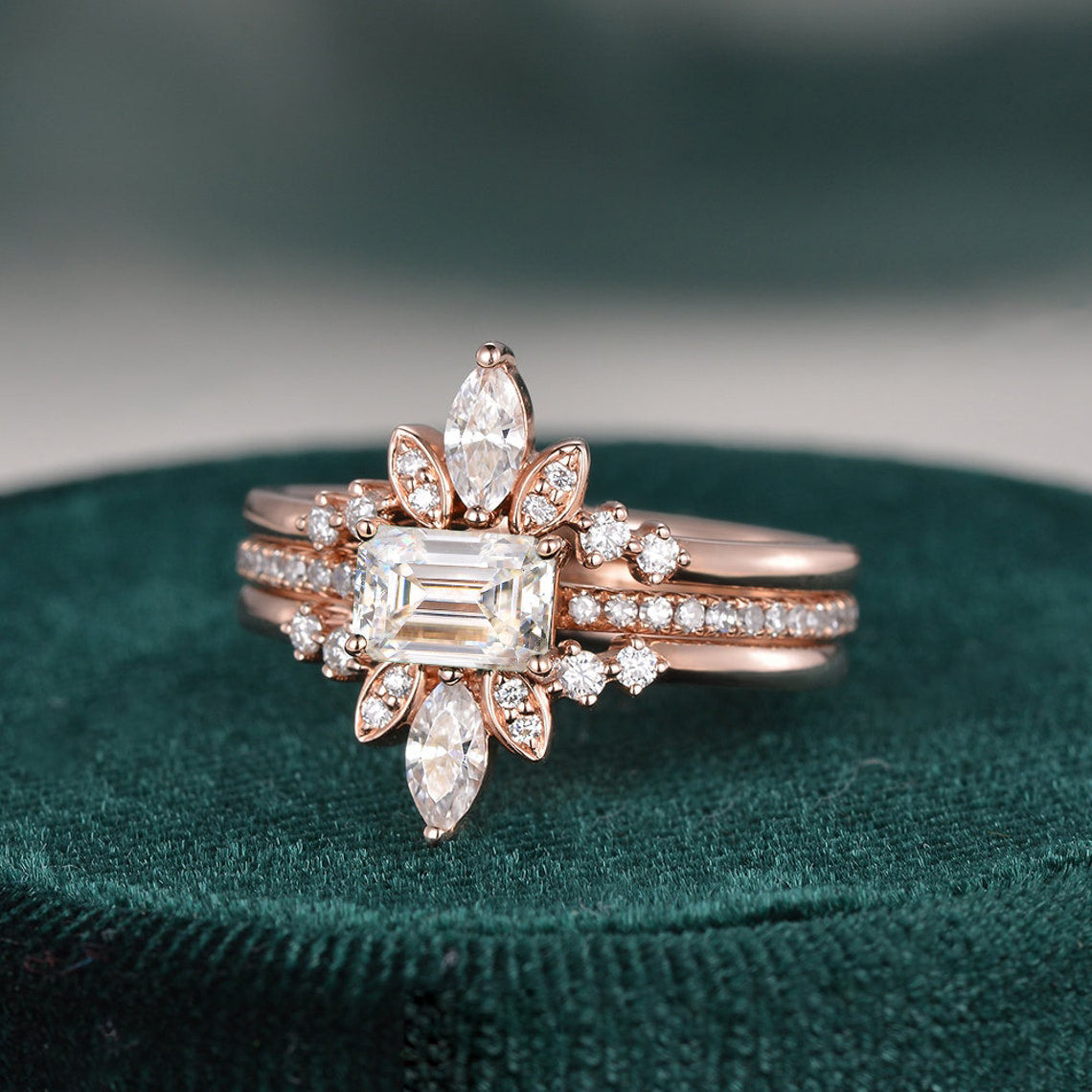 2.0 CT Emerald Cut Solitaire Pave Setting Moissanite Bridal Ring Set