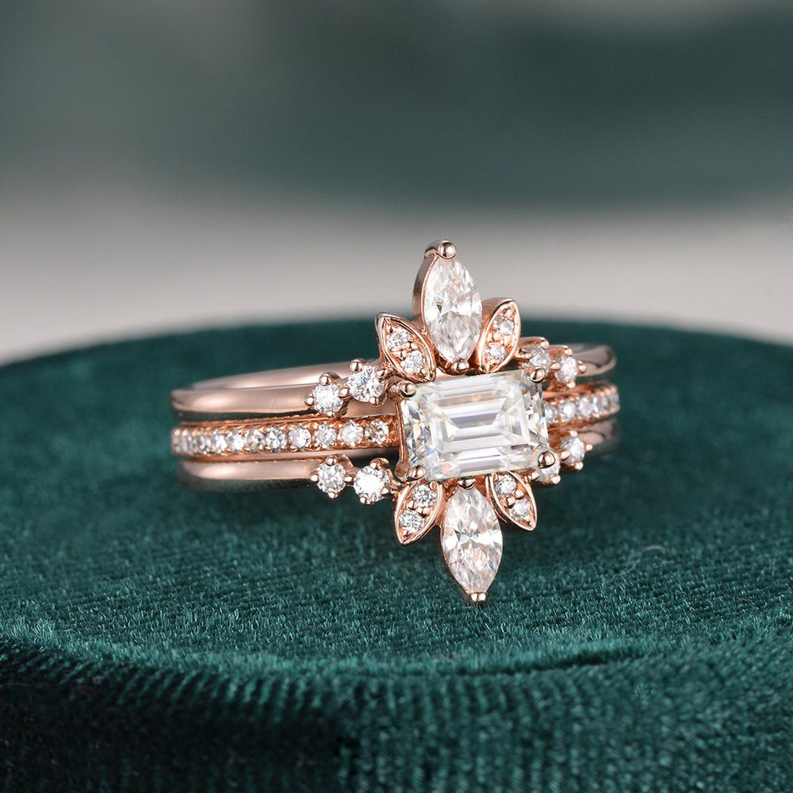 2.0 CT Emerald Cut Solitaire Pave Setting Moissanite Bridal Ring Set