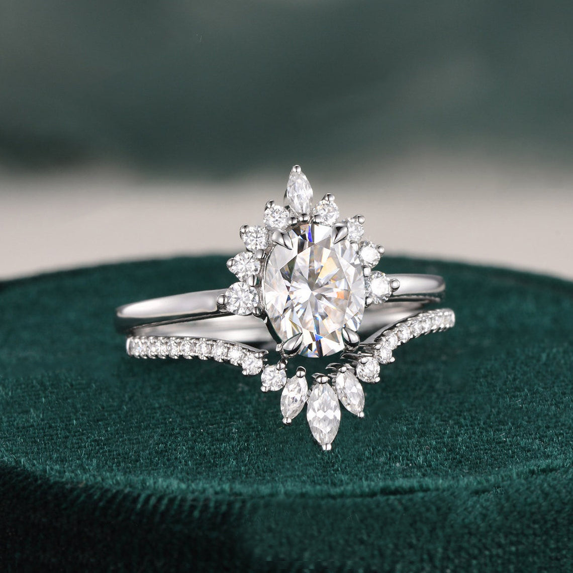 1.50 CT Oval Cut Cluster Art Deco Moissanite Bridal Ring Set